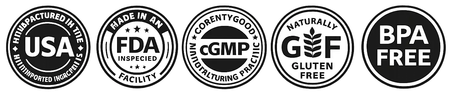 EndoPeak® quality badges including USA manufactured, FDA inspected facility, cGMP certified, gluten free, and BPA free