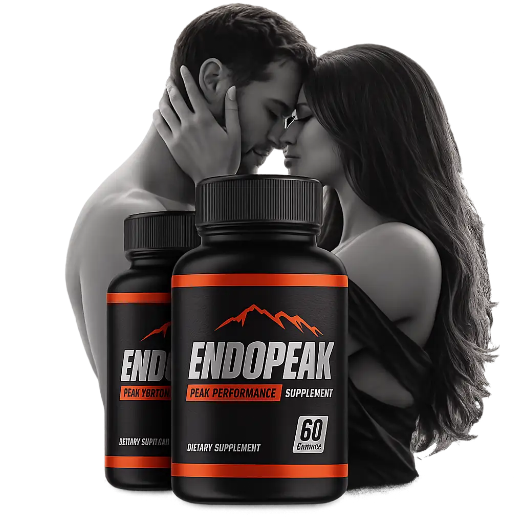 EndoPeak® male vitality supplement bottle with romantic couple background