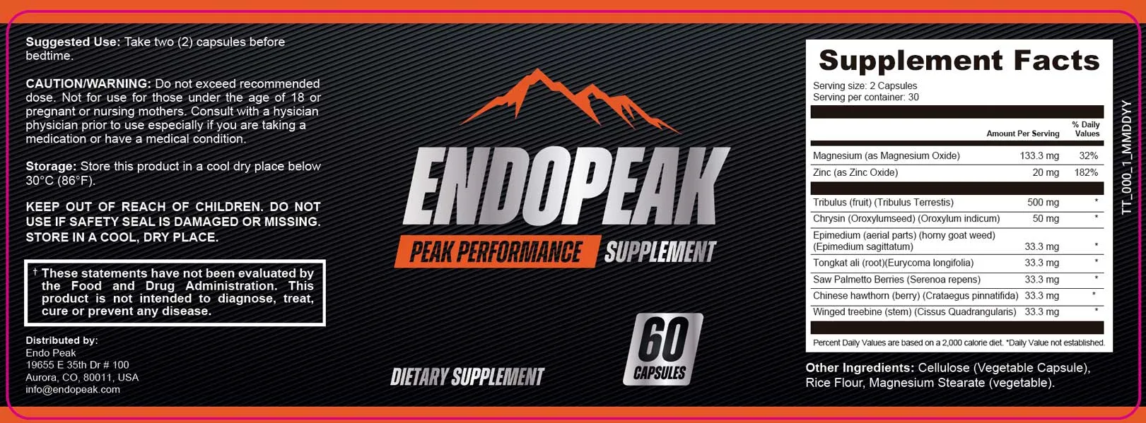 EndoPeak suggested use on current label EndoPeak label showing suggested use of two capsules before bedtime