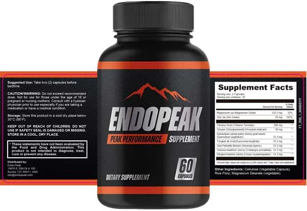 EndoPeak bottle shown with its current supplement label